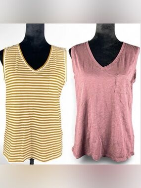 2 Garnet Hill Women's M Organic Cotton Sleeveless Patch Pocket V-neck Shirt